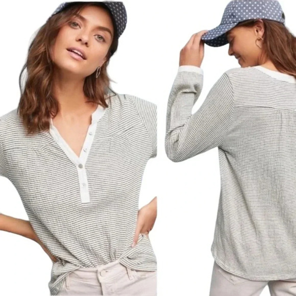 DOLAN Anthropologie Popover Henley Buttoned Ferry Striped Long Sleeve Blouse - Picture 1 of 11